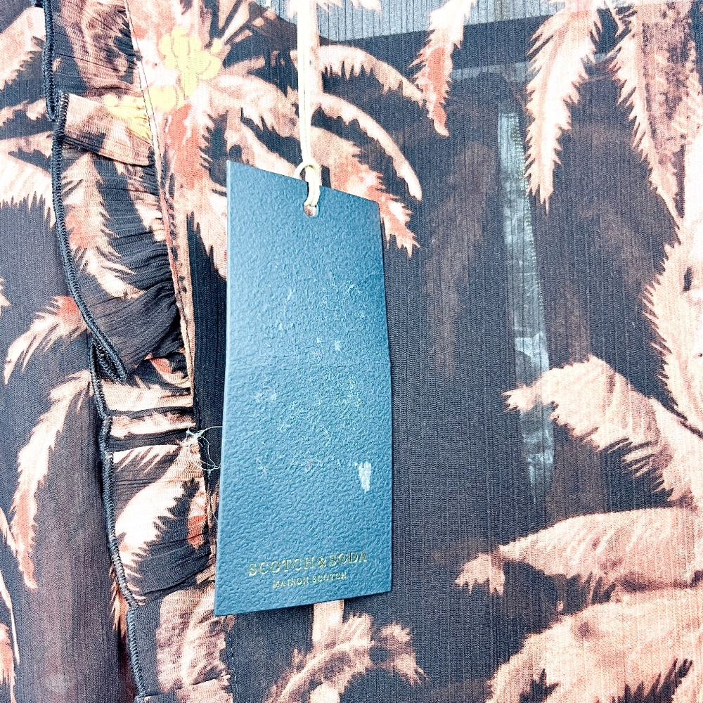 NWT Scotch & Soda Brown Palm Tree Patterned Sheer Blouse - Picture 9 of 13